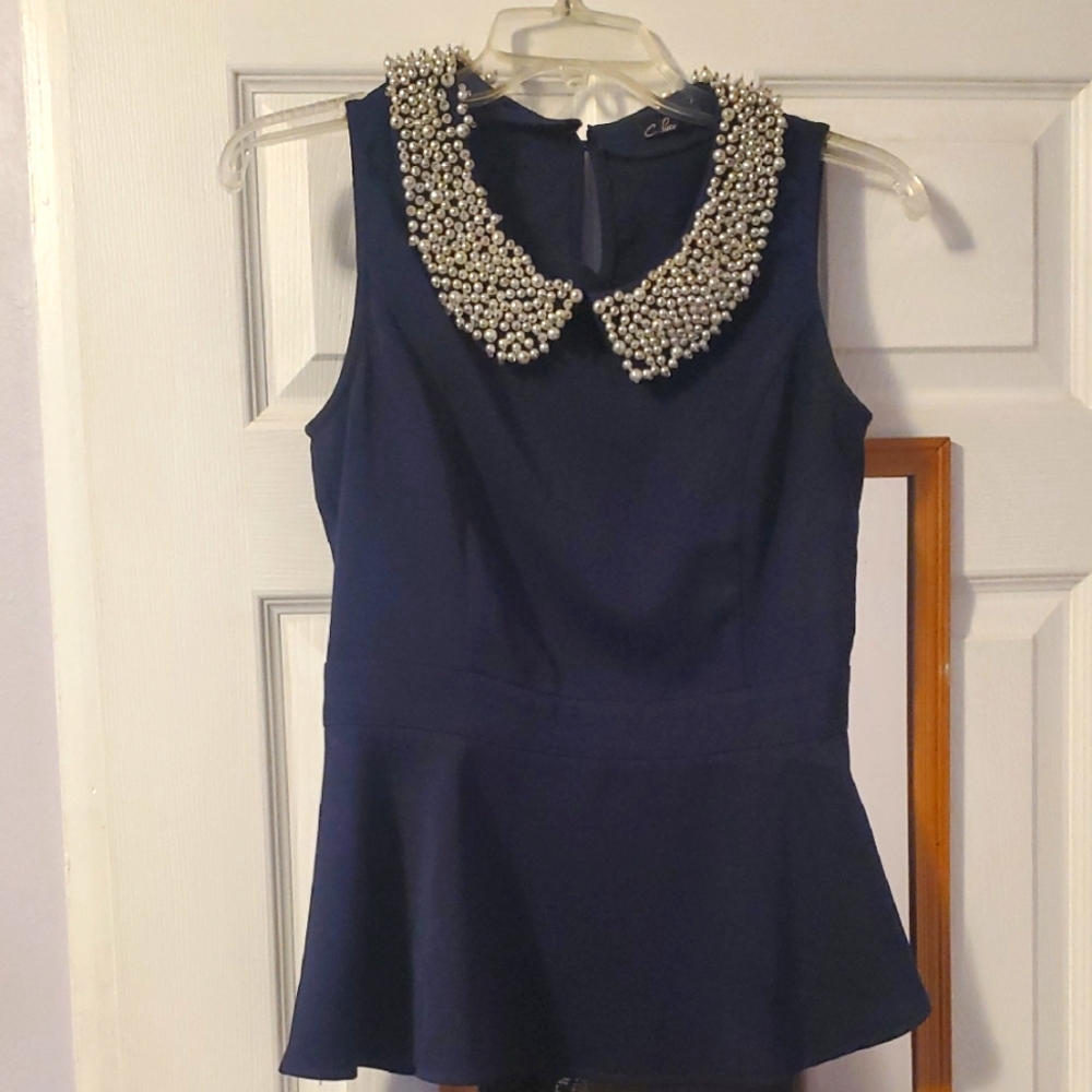 C Luce Beaded Peter Pan collar peplum top sz  Small